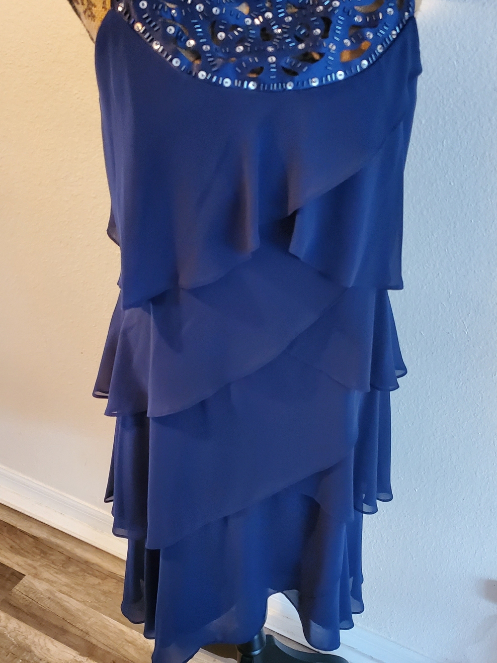 SLNY Women's Navy Blue Beaded Ruffle Dress Size 14 Fits M/L Cocktail